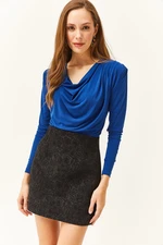 Olalook Women's Saxe Blue Waistband Pleated Turndown Collar Blouse