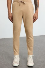 Trendyol Beige Slim Fit Elastic Waist Tie Suede Trousers