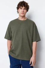 Trendyol Khaki Oversize Crew Neck Krátký rukáv Základní texturované tričko