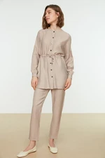 Trendyol Beige Tie Waist Shirt-Pants Weave Suit