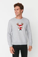 Trendyol Men's Gray Melange Regular Fit Christmas Printed Thick Fleece Sweatshirt