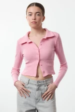 Trendyol Pink Button Detailed Crop Polo Neck Ribbed Flexible Knit Blouse