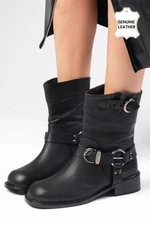 Mio Gusto Lola Genuine Leather Black Color Women's Heelless Biker Boots