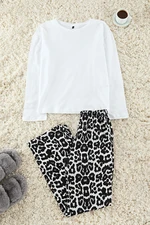 Trendyol White-Black 100% Cotton Leopard Patterned Knitted Pajama Set