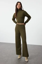 Trendyol Khaki Tie Detail Crop Knitwear Bottom-Top Set