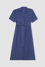 DEFACTO Shirt Collar Short Sleeve Belted Midi Dress