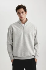 DEFACTO Oversize Wide Pattern Zippered Stand Collar Basic Plain Sweatshirt