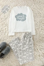 Trendyol White Cotton Galaxy Patterned Slogan Knitted Pajama Set