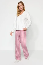 Trendyol White Striped Fleece Winter Knitted Pajamas Set