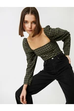 Koton U-Neck Balloon Sleeve Checked Blouse