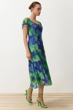 Trendyol Blue Floral Square Neck Midi A-Line/A-Line Knitted Midi Dress