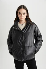 DEFACTO Water Repellent Oversize Wide Cut Thermal Insulated Windproof Faux Leather Jacket