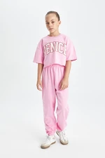 DEFACTO Girls Printed Short Sleeve T-Shirt Elastic Waist Jogger Tracksuit Bottoms 2-Piece Set