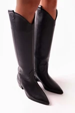 Shoeberry Women's Meot Black Leather Heels Western Rider Boots Black Leather.