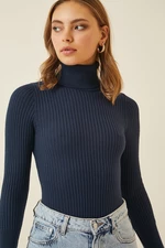 Happiness İstanbul Women's Navy Blue Turtleneck Ribbed Lycra Sweater