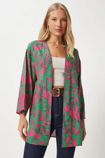 Happiness İstanbul Women's Pink Green Patterned Viscose Kimono