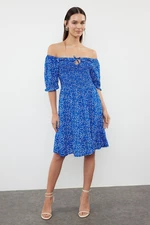 Trendyol Blue Floral Patterned Madonna Collar Viscose Woven Dress with Skirt Opening at the Waist