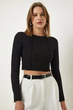 Happiness İstanbul Black Ribbed Ribbed Crop Blouse