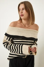 Happiness İstanbul Women's Beige Madonna Collar Striped Knitwear Sweater