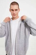 Trendyol Grey Oversize/Wide Cut Zippered Hooded Sweatshirt-Cardigan