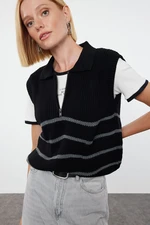 Trendyol Black Zippered Striped Polo Neck Knit Sweater