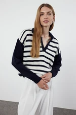 Trendyol Navy Blue Polo Neck Striped Knitwear Sweater