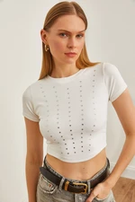 Olalook Women's White Stone Detailed Thin Corded Crop Blouse