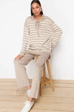 Trendyol Mink Striped Collar Tie Detailed Sweater-Pants Knitwear Bottom-Top Set