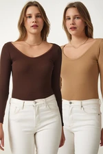 Happiness İstanbul Women's Dark Brown Biscuit V Neck 2-Pack Knitted Blouse