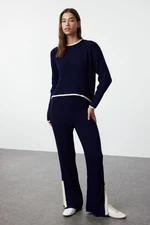 Trendyol Dark Navy Crop Ribbed Color Block Knitwear Bottom-Top Set