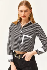 Olalook Women's Black and White Pocket and Cuff Detail Striped Crop Shirt