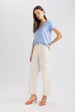 DEFACTO Straight Fit Cargo Pocket High Waist Wide Leg Gabardine Trousers