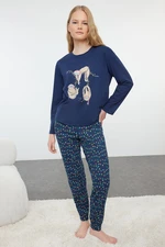 Trendyol Navy Blue 100% Cotton Christmas Themed Knitted Pajamas Set