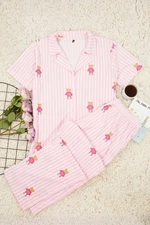 Trendyol Curve Pink Striped Teddy Bear Patterned Shirt Collar Knitted Pajama Set