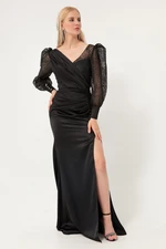 Lafaba Women's Black Double Breasted Neck Silvery Long Satin Evening Dress