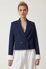 Happiness İstanbul Women's Navy Blue Contrast Cuffed Short Blazer Jacket