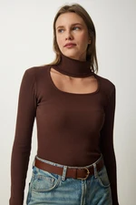 Happiness İstanbul Women's Brown Cut Out Detailed Turtleneck Ribbed Knitted Blouse