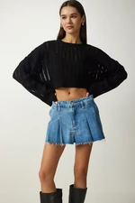 Happiness İstanbul Women's Black Openwork Crop Knitwear Sweater