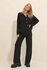 Trend Alaçatı Stili Women's Black Front Buttoned Knitwear Cardigan And Palazzo Trousers Double Suit