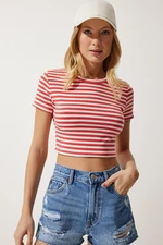 Happiness İstanbul Women's Dark Orange Striped Crop Knitted T-Shirt