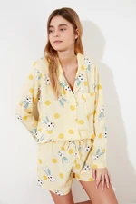 Trendyol Yellow Rabbit Pattern Viscose Shirt-Shorts Woven Pajamas Set