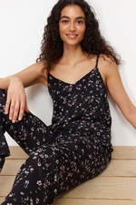 Trendyol Black Floral Ruffle Rope Strap Viscose Woven Pajamas Set