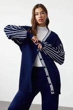 Trendyol Navy Blue Patterned Balloon Sleeve Knitwear Cardigan Trousers Top and Bottom Set