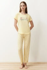 Trendyol Yellow Cherry Patterned Slogan Printed Knitted Pajamas Set