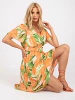 Floral pleated dress of one size in orange and green