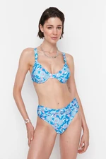 Trendyol Blue Floral Pattern High Waist Bikini Bottom