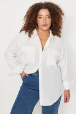 Trendyol Curve Ecru Cotton Long Sleeve Double Pocket Skirt Slit Poplin Woven Plus Size Shirt