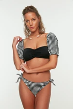 Trendyol Black Gingham Bikini Spodní díl s texturovanou kravatou Regular Leg