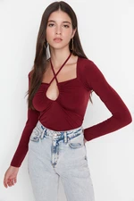 Trendyol Burgundy Slim Barbell elastická pletená halenka