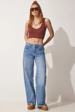 Happiness İstanbul Women's Blue High Waist Wide Leg Jeans